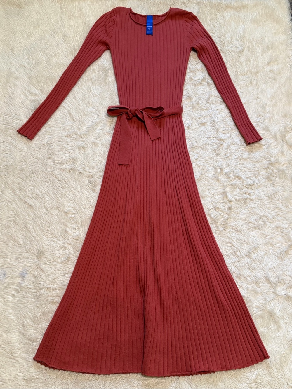 Kit and Ace Merino Wool Blend Ribbed Midi Dress in Terracotta - Size XS